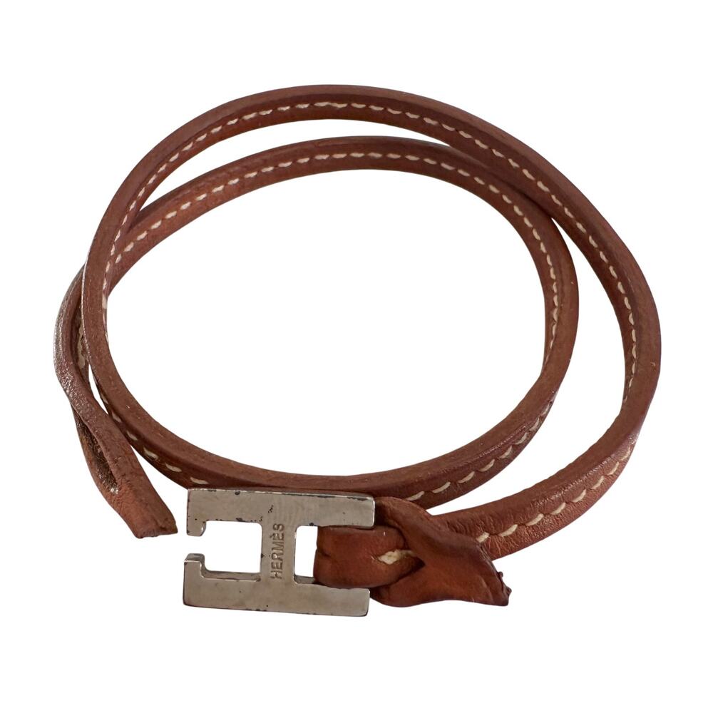 Hermes Tillet Leather Double Wrap Bracelet (Brown w White Stitching) - Picture 2 of 9